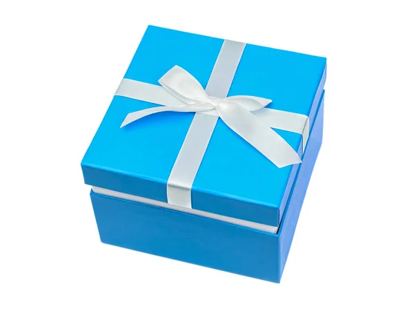 Blue gift box with ribbon isolated on white — Stock Photo, Image