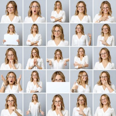 Farklı yüz ifadeleri ve jestleri ile güzel kadın