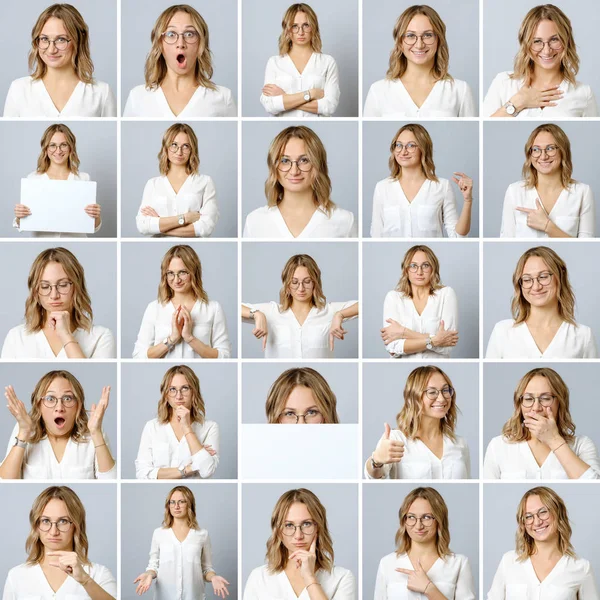 Farklı yüz ifadeleri ve jestleri ile güzel kadın