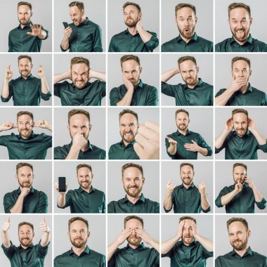 Gri arka plan üzerinde izole farklı duygu ve jestleri ile yakışıklı adam seti