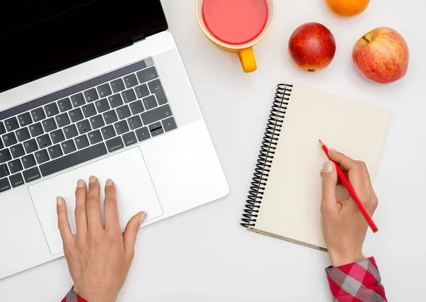 Vista Superior Das Mãos Mulher Bonita Usando Laptop Colocado Área — Fotografia de Stock