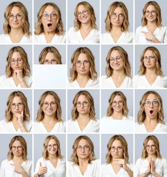 Gri arka planda izole edilmiş farklı yüz ifadeleri ve jestleri ile güzel bir kadının kolajı. Birden çok görüntü kümesi