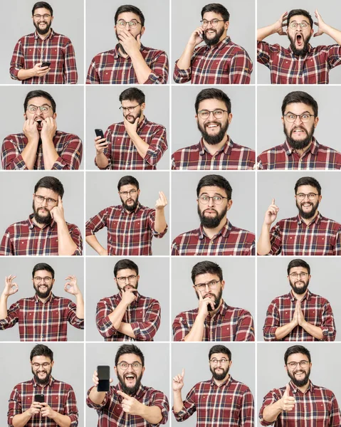 Set Handsome Man Different Emotions Gestures Using Mobile Phone Isolated — Stock Photo, Image