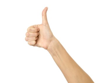 Başparmak yukarı. Beyaz arka planda izole edilmiş Fransız manikürlü kadın eli. Dizinin bir parçası