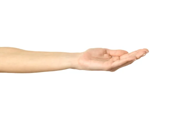 Wyciągnięta Żeńska Ręka Kobieta Ręka Francuskim Manicure Gestykulując Izolowane Białym — Zdjęcie stockowe