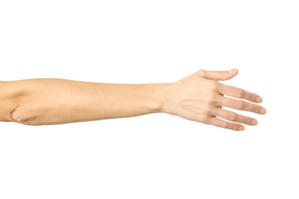 握手のための手を与える 白い背景に隔離されたフランスのマニキュアジェスチャーで女性の手 シリーズの一部 — ストック写真