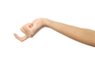 Parmak uzanıyor ya da kaşınıyor. Beyaz arka planda izole edilmiş Fransız manikürlü kadın eli. Dizinin bir parçası
