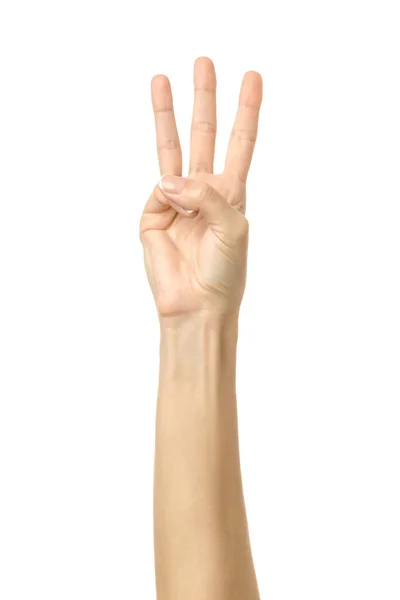 Numer Trzy Kobieta Ręka Francuskim Manicure Gestykulując Izolowane Białym Tle — Zdjęcie stockowe
