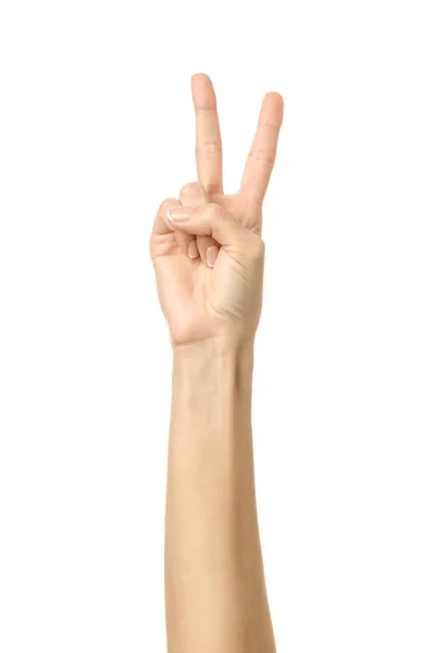 Νούμερο Δύο Γυναικείο Χέρι Γαλλικό Μανικιούρ Gesturing Απομονώνονται Λευκό Φόντο — Φωτογραφία Αρχείου