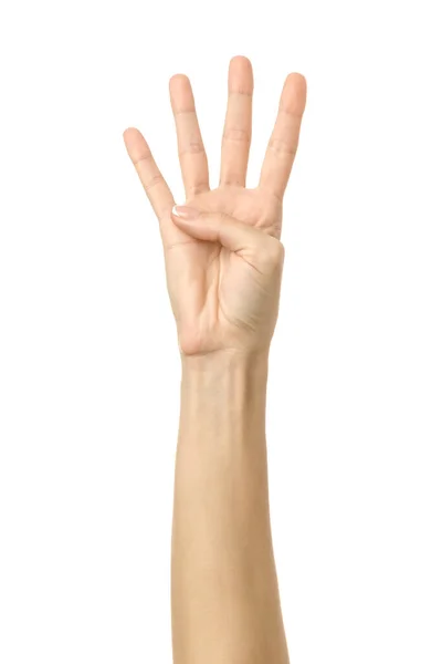 Ten Vierde Vrouw Hand Met Franse Manicure Gebaar Geïsoleerd Witte — Stockfoto
