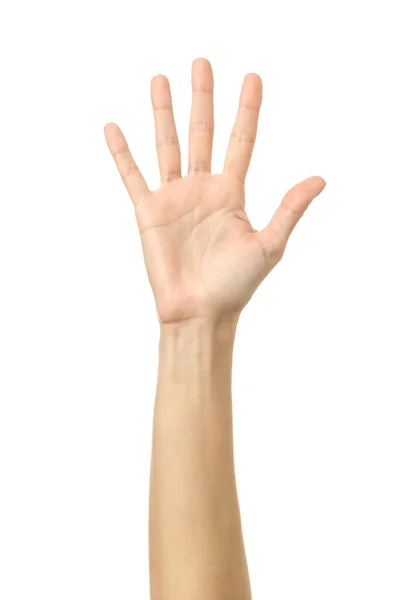 Numer Pięć Kobieta Ręka Francuskim Manicure Gestykulując Izolowane Białym Tle — Zdjęcie stockowe