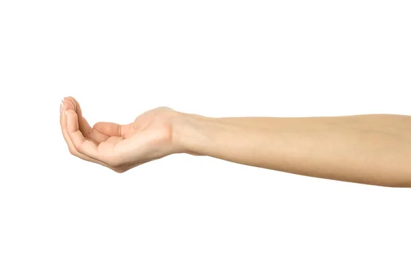 Ausgestreckte Weibliche Hand Frau Hand Mit Französischer Maniküre Gestikuliert Isoliert — Stockfoto
