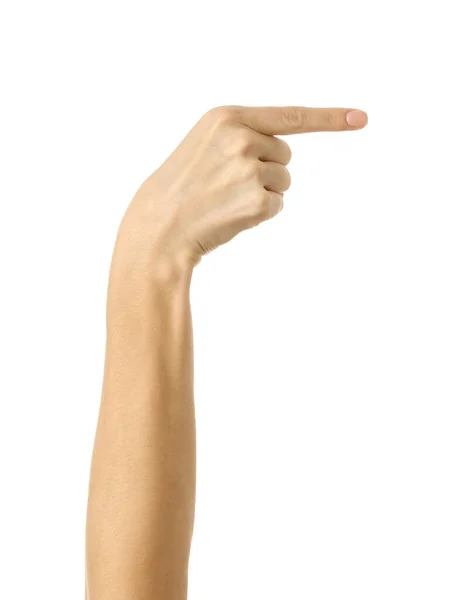 Apontando Para Direita Mão Mulher Com Gesto Manicure Francês Isolado — Fotografia de Stock
