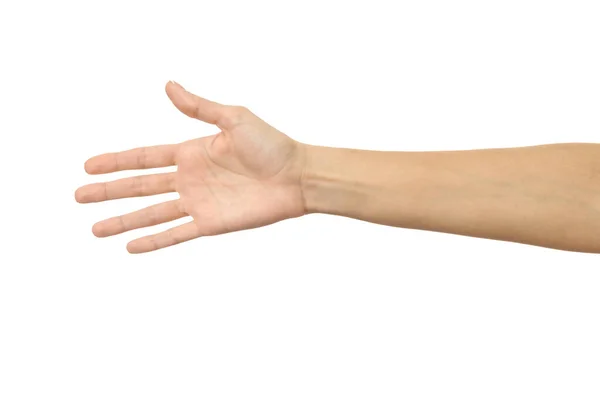为握手而握手 女人的手与法国修指甲的姿势隔离在白色背景 系列的一部分 — 图库照片