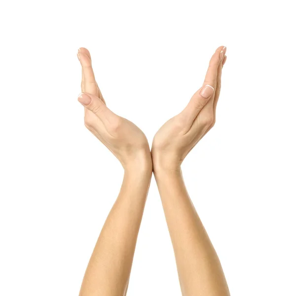 Hände Halten Oder Messen Frau Hand Mit Französischer Maniküre Gestikuliert — Stockfoto