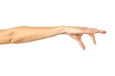 El pençe, el ele tutuşmak, kavramak ya da uzanmak. Beyaz arka planda izole edilmiş Fransız manikürlü kadın eli. Dizinin bir parçası