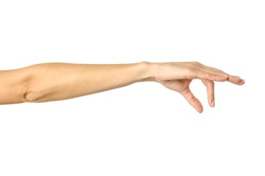 El pençe, el ele tutuşmak, kavramak ya da uzanmak. Beyaz arka planda izole edilmiş Fransız manikürlü kadın eli. Dizinin bir parçası