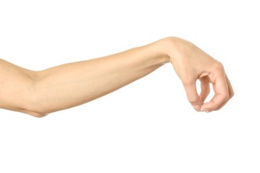 El pençe, el ele tutuşmak, kavramak ya da uzanmak. Beyaz arka planda izole edilmiş Fransız manikürlü kadın eli. Dizinin bir parçası