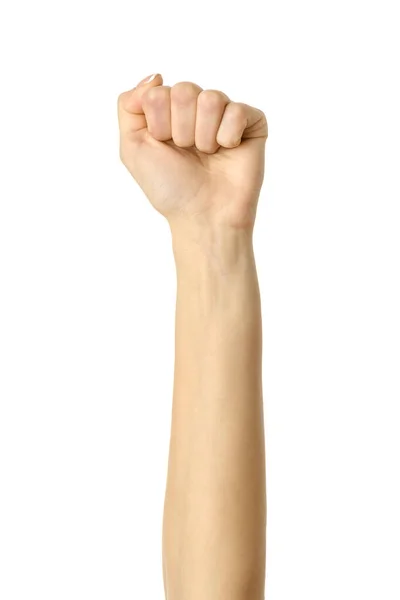 拳で手を握り締めた 縦の画像 白い背景に隔離されたフランスのマニキュアジェスチャーで女性の手 シリーズの一部 — ストック写真