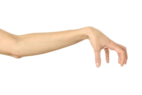 手挑取 抓住或伸出手 女人的手与法国修指甲的姿势隔离在白色背景 系列的一部分 — 图库照片