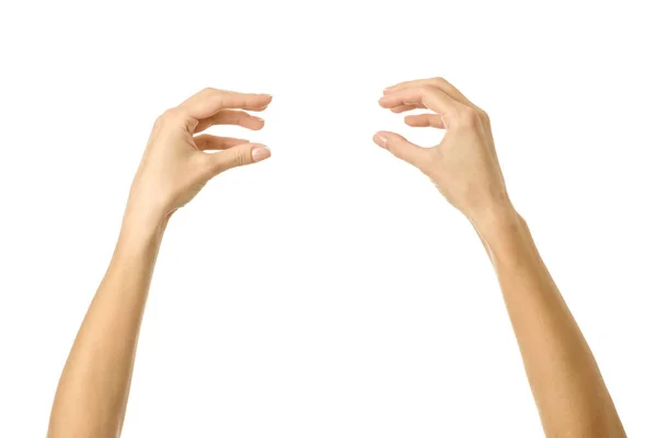 Держать Измерять Руки Женская Рука Французским Маникюром Жестикулируя Изолированы Белом — стоковое фото