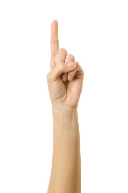 Bir numara. Beyaz arka planda izole edilmiş Fransız manikürlü kadın eli. Dizinin bir parçası