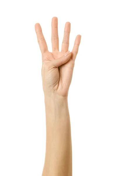 Nummer Fyra Kvinna Hand Med Fransk Manikyr Gest Isolerad Vit — Stockfoto