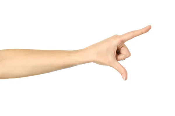 Μέτρηση Αόρατου Αντικειμένου Γυναικείο Χέρι Γαλλικό Μανικιούρ Gesturing Απομονώνονται Λευκό — Φωτογραφία Αρχείου
