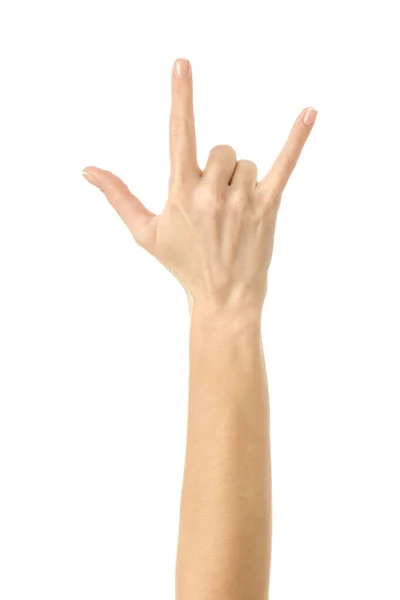 Ροκ Ρολ Γυναικείο Χέρι Γαλλικό Μανικιούρ Gesturing Απομονώνονται Λευκό Φόντο — Φωτογραφία Αρχείου