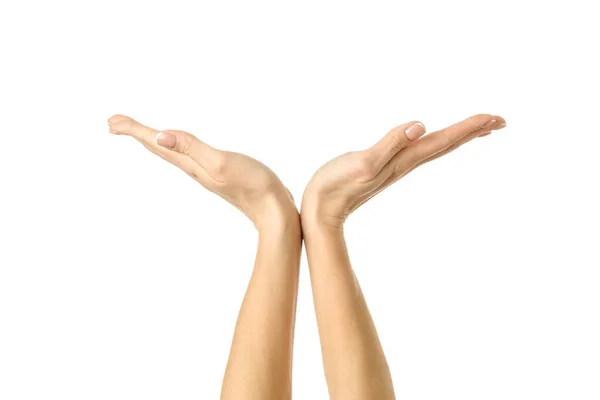 Handjes Vasthouden Meten Vrouw Hand Met Franse Manicure Gebaar Geïsoleerd — Stockfoto
