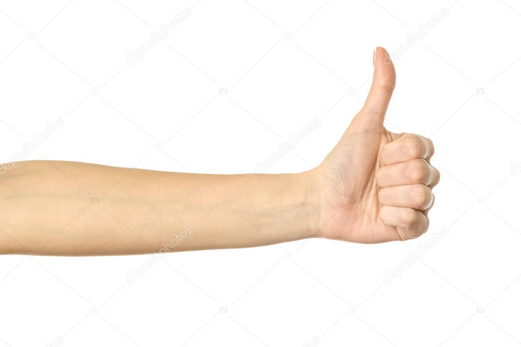Thumb up. Woman hand with french manicure gesturing isolated on white background. Part of series