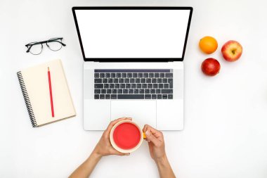 Beyaz masaüstüne yerleştirilmiş dizüstü bilgisayarı kullanan güzel bir kadının ellerinin en üst görüntüsü. Düz yatıyordu