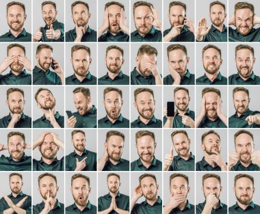 Gri arka plan üzerinde izole farklı duygu ve jestleri ile yakışıklı adam seti