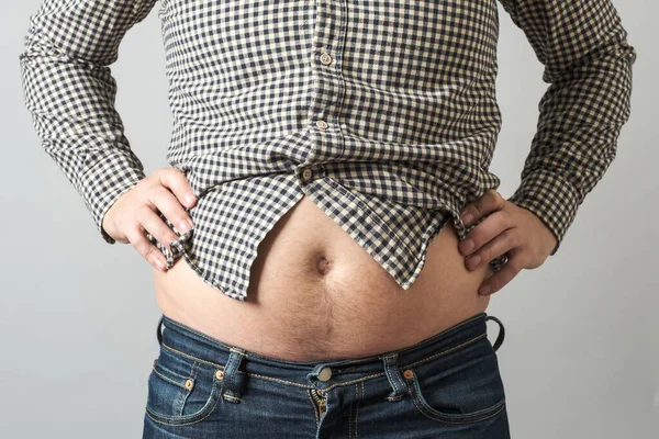 Homem Com Excesso Peso Conceito Barriga Cerveja Isolado Fundo Cinza — Fotografia de Stock