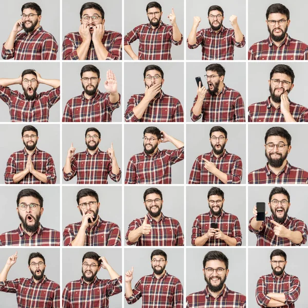 Set Handsome Man Different Emotions Gestures Using Mobile Phone Isolated — Stock Photo, Image