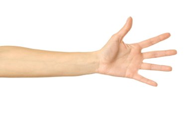 Elini uzat. Beyaz arka planda izole edilmiş Fransız manikürlü kadın eli. Dizinin bir parçası