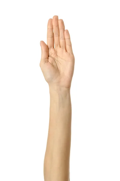Hou Vrouw Hand Met Franse Manicure Gebaar Geïsoleerd Witte Achtergrond — Stockfoto