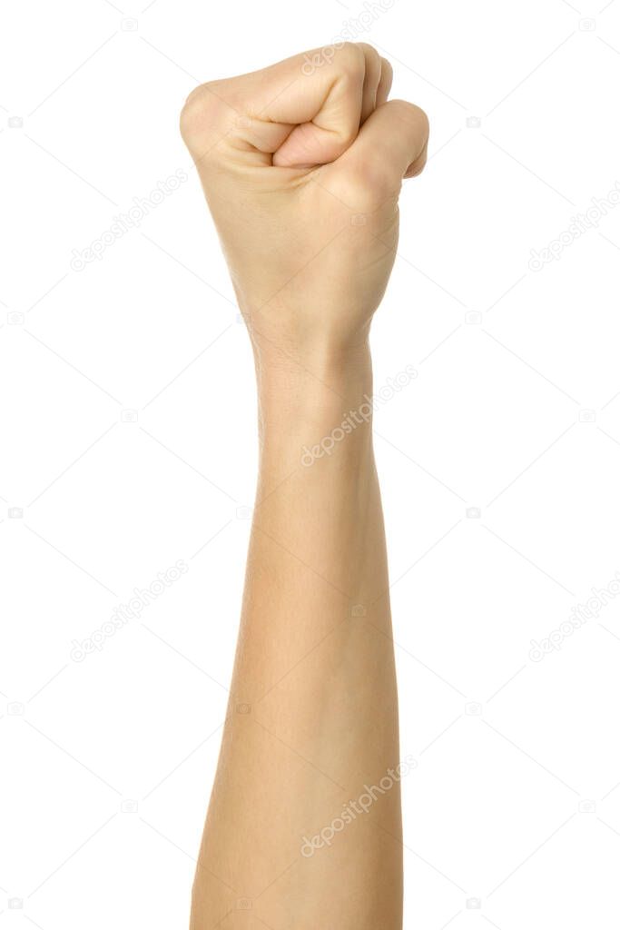Hand clenched in a fist. Vertical image. Woman hand with french manicure gesturing isolated on white background. Part of series