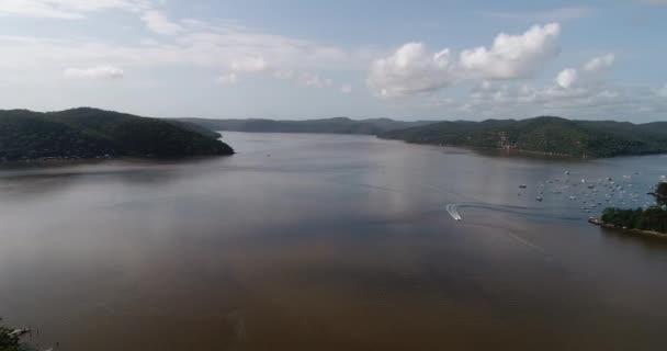 Wide Aerial Panorama Hawkesbury River Hill Ranges Islands Delta Pacific — Stock Video