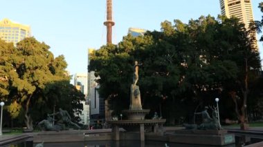 Sydney 'deki Hyde Parkı' nda yeşil ağaçlar ve yüksek şehir kuleleriyle çevrili kuru bir çeşme..