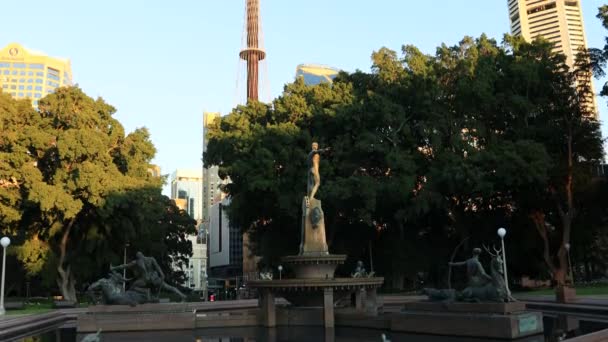 Fontana Asciutta Nel Parco Hyde Sydney Circondata Alberi Verdi Alte — Video Stock