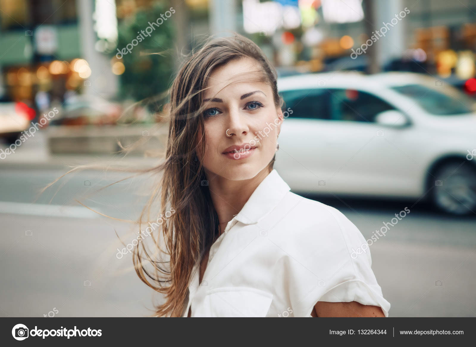 Closeup Portrait Of Caucasian Woman Girl With Blue Eyes With Messy