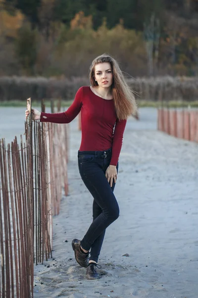 Porträtt av fundersam sorgligt ensamma kaukasiska ung vacker kvinna med stökigt lång hår på blåsig dag utomhus på stranden stranden nära planket vid solnedgången — Stockfoto