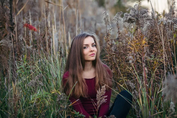 Retrato de pensivo triste solitário caucasiano jovem mulher bonita menina com cabelos longos vestindo jeans, camisa vermelha, sentado no campo da floresta entre plantas grama olhando na câmera, outono outono outono — Fotografia de Stock