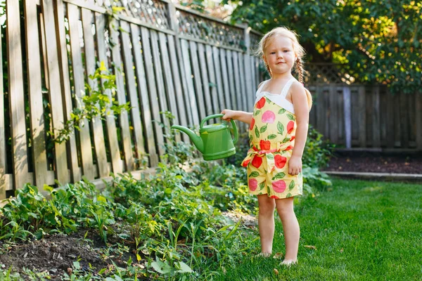 Портрет маленької дівчинки, що поливає зелені рослини — стокове фото