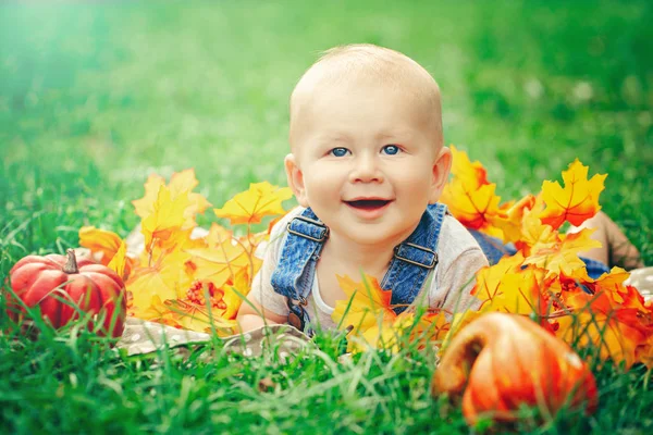 Baby in gele Herfstbladeren — Stockfoto