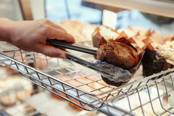 Portrait Caucasian Waiter Barista Taking Muffin Pastry Shop Window Person — Stock Photo, Image