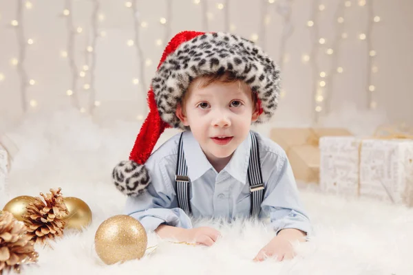 Portrait White Caucasian Boy Wearing Red Santa Claus Hat Celebrating — Stock Photo, Image