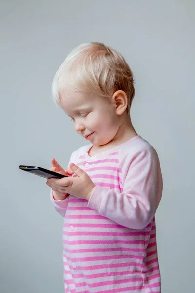 Cute Adorable White Caucasian Blond Baby Blue Eyes Making Call — Stock Photo, Image