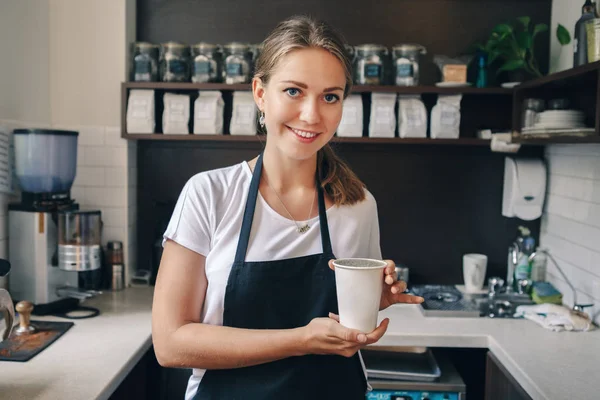 Young Caucasian Barista Hands Holding Paper Cup Coffee Small Business — Stock Photo, Image